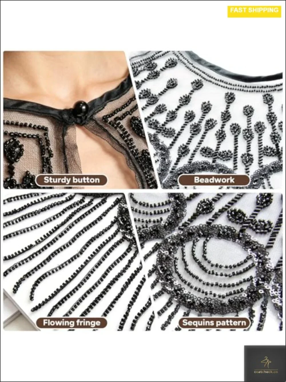 1920s Beaded Shawl Wrap Sequin Fringe Evening Cape Flapper Cover Up Wedding